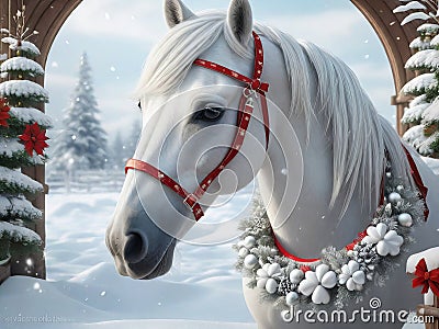 Festive Elegance: White Horse Wearing Christmas Wreath in the Snow. Stock Photo