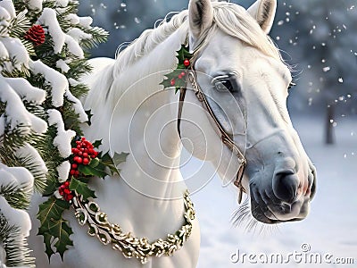 Festive Elegance: White Horse Wearing Christmas Wreath in the Snow. Stock Photo