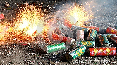 Festive Firecrackers Exploding Colorful Pyrotechnics Ground Fireworks Display AI generated. Stock Photo