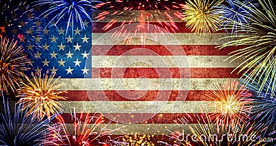 Festive fireworks on the background of the American flag. Symbol holiday USA Independence Day. July 4th Independence Day of the Stock Photo