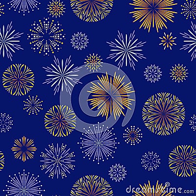 Festive fireworks on dark blue background seamless pattern. Vector illustration Vector Illustration