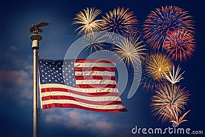 Festive fireworks display with American flag Stock Photo