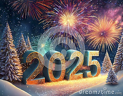 Winter night sky lit up by fireworks above 3d numbers 2025 with snowy trees below Stock Photo