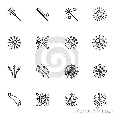 Festive fireworks line icons set Vector Illustration