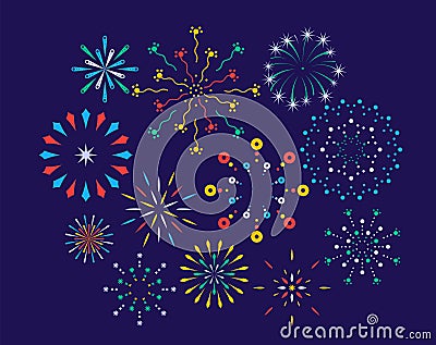 Festive fireworks on a night background. Colorful bright fireworks in the night sky. Celebration fireworks. Background Vector Illustration