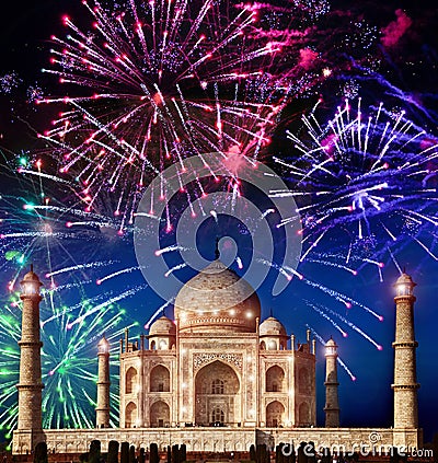 Festive fireworks over Taj Mahal, India Stock Photo