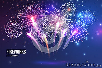 Festive fireworks. Realistic colorful firework on blue abstract background. Multicolored explosion. Christmas or New Vector Illustration