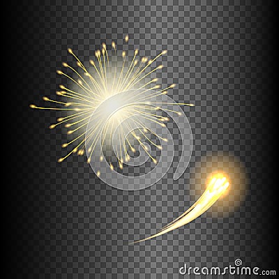 Festive fireworks in various shapes sparkling light set against black transparent background abstract vector isolated Vector Illustration