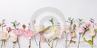 Festive flower composition on the white wooden background. Overhead view Stock Photo