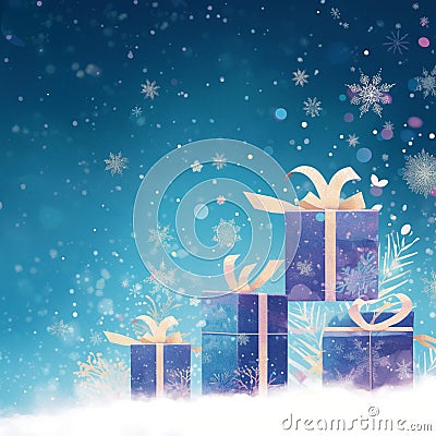 Festive flurry Gift boxes gracefully floating against a snowy backdrop Stock Photo