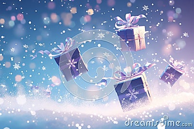 Festive flurry Gift boxes gracefully floating against a snowy backdrop Stock Photo