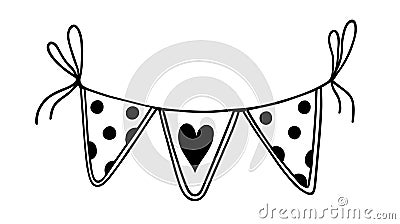 Festive garland with heart, vector icon. Cute triangular polka dot flags hanging on a rope. Decoration for Valentine Vector Illustration