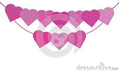 Festive garland with pink hearts with various white geometric patterns. Template vector banner isolated. Vector Illustration