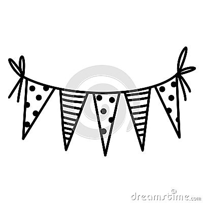 Festive garland vector icon. Hand drawn sketch isolated on white background. Cute triangular flags with stripes, polka dots Stock Photo