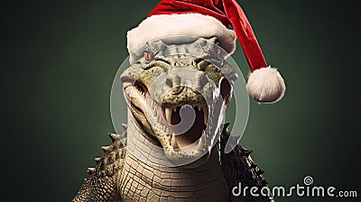 Festive Gator: Christmas-Clad Crocodile in a Joyful Swamp Celebration Stock Photo