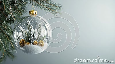 Festive glass ball with snow inside and Christmas tree decorations on gray background Stock Photo