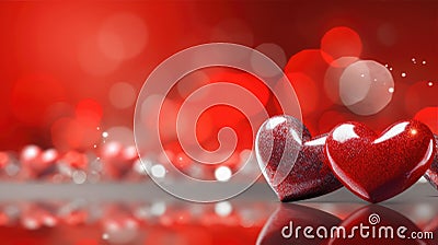 Festive Glow Abstract Bokeh Lights and Shiny Red Hearts Stock Photo