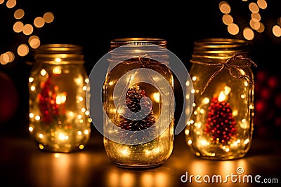 Festive Glow Captivating Christmas Mason Jar Lanterns.AI Generated Stock Photo