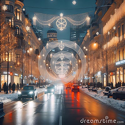 Festive Glow: City Street Adorned with Christmas Lights. Stock Photo