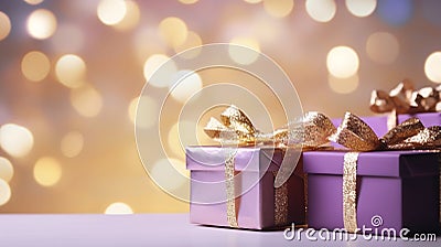 Festive Glow: Lilac and Golden Shiny Gift Boxes with Warm Bokeh Lights. Generative ai Cartoon Illustration