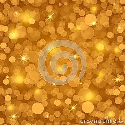 Festive gold background with light bokeh and stars. Christmas and New Year festive background. Vector illustration Vector Illustration