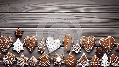 Festive greeting Christmas cookies in the shape of a heart, Christmas trees, human figures, with a white glaze pattern Stock Photo