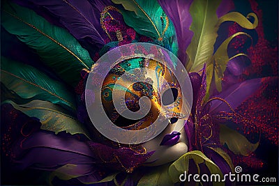 Festive Grouping of mardi gras, venetian or carnivale mask illsutration on a purple background. Generating Ai Stock Photo