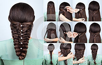 Festive hairstyle for long hair tutorial Stock Photo