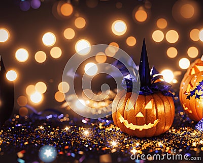 festive halloween pumpkin and sparkles. AI Stock Photo