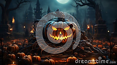 A festive Halloween tradition with spooky, illuminated pumpkin lanterns at night. Stock Photo