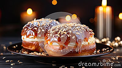 Festive Hanukkah background with Sufganiyot on dark backgrround Stock Photo