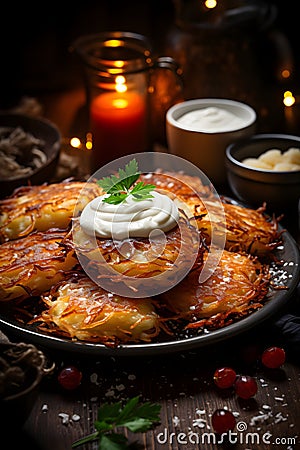 Festive Hanukkah meal - homemade latkes with sour cream Stock Photo