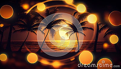 A tropical beach scene with golden circular bokeh lights palm trees., Generative AI, illustration Stock Photo