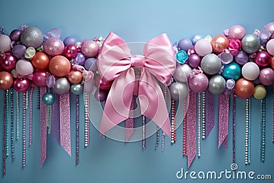 Festive Holiday Compositions: Colorful Dragees with Ribbons, Bows, and Flowers Arrangement Stock Photo