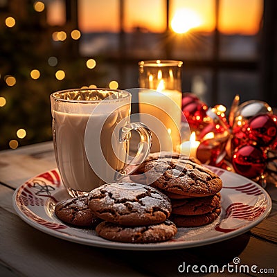 Festive holiday food and drinks, such as hot cocoa, gingerbread cookies, and eggnog. Stock Photo
