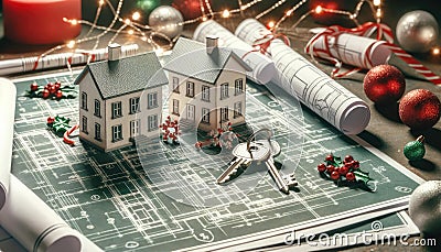 Holiday Home Planning Concept with Blueprints and Decorations, AI Generated Stock Photo
