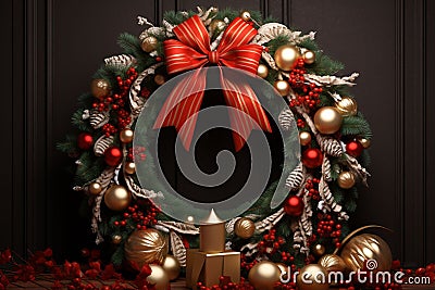 Festive holiday wreath made of pine branches Stock Photo