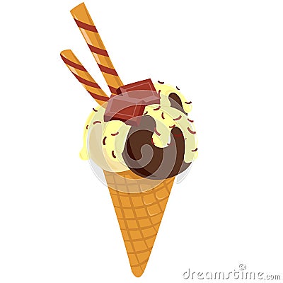 Festive ice-cream with chocolate. Flat style Cartoon Illustration