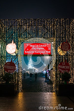 Illuminated entrance adorned with colorful Christmas lights for a cozy and inviting atmosphere Editorial Stock Photo