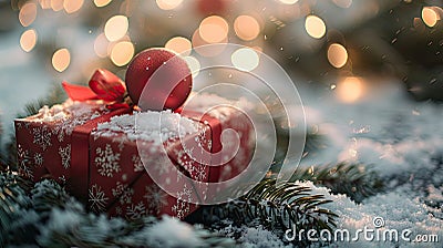Merry Christmas Gift Box on Snow with Bokeh Lights and Fir Branch Ornament Stock Photo