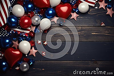 Composition of US flag, balloons and stars, celebrating Independence Day, with copy space Stock Photo