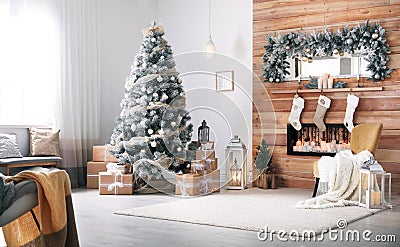 Interior with decorated Christmas tree and fireplace Stock Photo