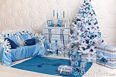 Festive interior decoration for Christmas in blue and white Stock Photo