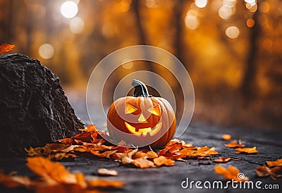 Festive jack o' lantern in an autumnal setting, placed on a sidewalk, AI-generated. Stock Photo