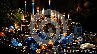 A festive and joyous Hanukkah scene, with a menorah lit up and surrounded by dreidels, gelt Stock Photo