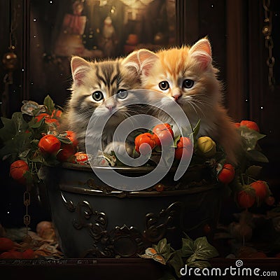 festive kittens next to a gift, a Valentine4 Stock Photo