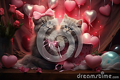 festive kittens next to a gift, a Valentine13 Stock Photo