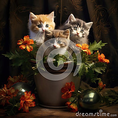 festive kittens next to a gift, a Valentine15 Stock Photo