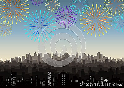 Festive landscape with bright fireworks. Firecrackers over town silhouette jpeg illustration. Urban city skyline, salute Cartoon Illustration