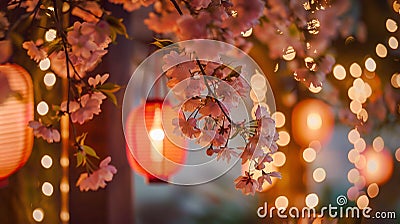 Festive Lanterns Amidst Cherry Blossoms. Generative ai Cartoon Illustration